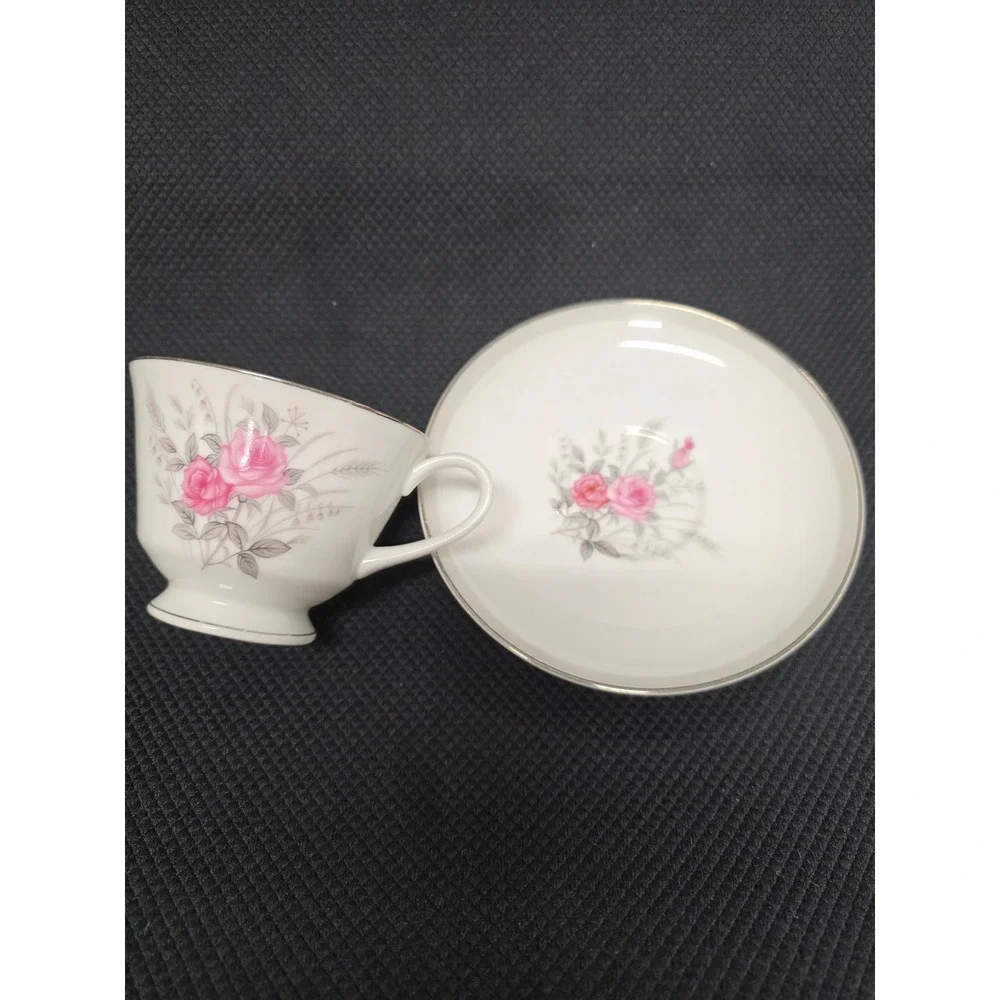 Vintage Norleans Japan Eventide Teacup and Saucer Set Pink Rose Silver Trim